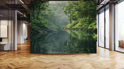 A tranquil river winding its way through a dense forest, the still waters reflecting the verdant foliage that lines its banks. Wall mural