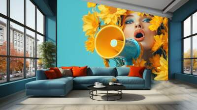 Composite photo collage of angry female mouth lips scream megaphone peek chrysanthemum flowers spring holiday isolated on painted background Wall mural