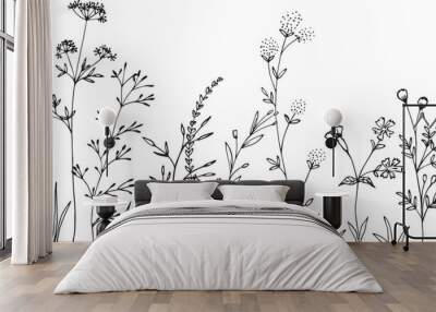 Vector wild herbs and flowers silhouette background. Field with grass and wildflowers isolated on white. Wall mural