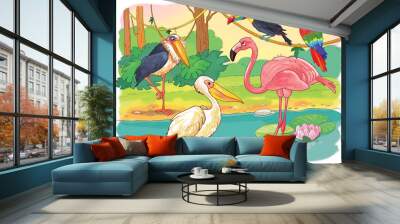 At the zoo. African animals. Small set of African birds. Cute flamingo, pelican, marabou, toucan and parrot. Illustration for children. Cartoon characters. Coloring book. Coloring page. Wall mural