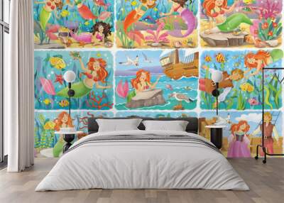 Two fairy tales. Three little pigs and little mermaid. Set of cute illustrations for children. Coloring book. Coloring page. Cute and funny cartoon characters Wall mural