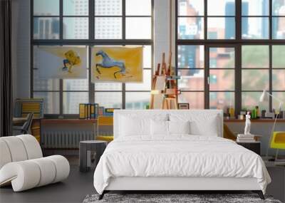 Contemporary Artista??s Studio with Bright Yellow Chairs and Spacious Layout Wall mural