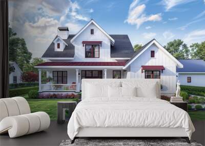 Front view of a newly constructed craftsman style white house with burgundy accents, in a picturesque village, highlighting simple and elegant design. Wall mural