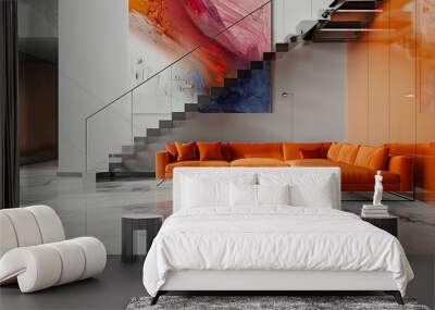 Modern living room with a bright orange sofa, a large abstract canvas, and a high-gloss marble floor. The staircase has a minimalist, metal design. Wall mural