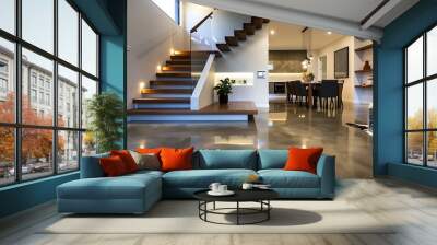 The foyer of a contemporary suburban house with a floating staircase and polished concrete floors. The foyer leads to a sophisticated dining room and a spacious living room with built-in shelving. Wall mural