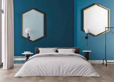 Two elegant empty picture frames, one hexagonal and one square, against a deep sea blue wall in a modern gallery, with a polished terrazzo floor. Wall mural