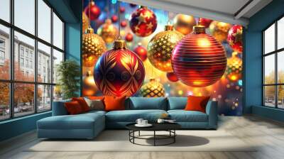 Festive christmas ornaments advent celebration holiday background banner greeting card - white and red modern christmas baubles, christmas balls on snowy wooden table with bokeh lights Wall mural