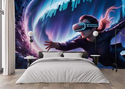 A person in virtual glasses flies to pixels. The woman with glasses of virtual reality. Future technology concept. Modern imaging technology. Wall mural