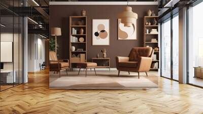 Stylish interior of living room with design brown armchair, wooden bookcase, pendant lamp, carpet decor, picture frames and elegant personal accessories in modern retro home decor. Template.  Wall mural