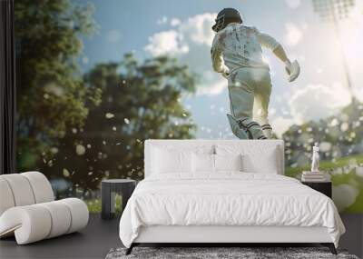 Cricket player batsman doing a pose with a bat shot. technology elements sci fi. Generative AI. Wall mural