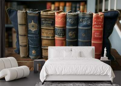  A collection of vintage books arranged neatly on a rustic wooden table. Wall mural