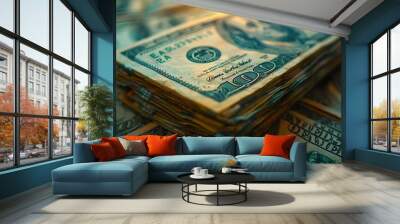  A stack of cash illuminated by a bright light. Wall mural