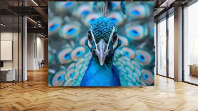 A close up of a peacock displaying its vibrant feathers. Wall mural