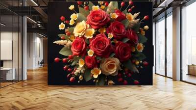 A vibrant bouquet of red and yellow roses against a striking black. Wall mural