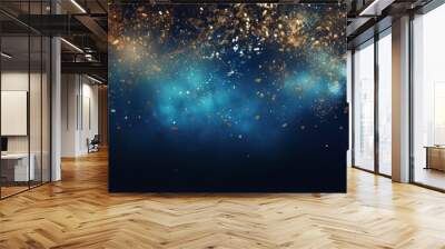 Abstract glitter lights background in blue, gold and black colors. Defocused bokeh effect. Banner for festive, celebration or party themes. Wall mural