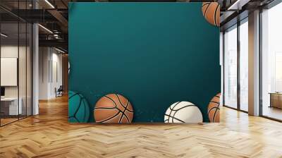 Basketball banner background. Basketball banner concept with copy space, sport balls on dark background, mixed media illustration Wall mural