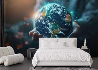 Businessman holding digital earth, global network, blurred backdrop, futuristic tech, photorealistic details, cinematic light. Wall mural