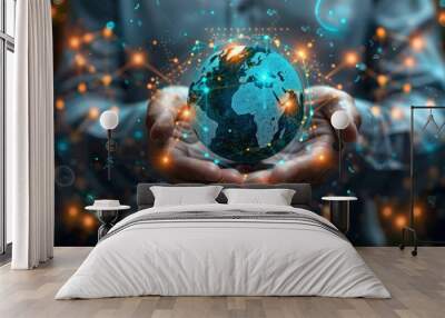 Businessman holding global connectivity icon, holographic earth with world map, glowing lights, tech exchange concept. Wall mural