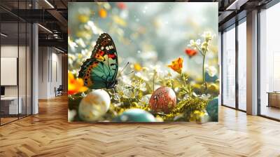 Colorful Easter egg hunt wallpaper with hidden eggs. Wall mural