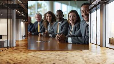 Conference table scene with smiling diverse business team, cinematic lighting, professional color grading, sharp focus. Wall mural