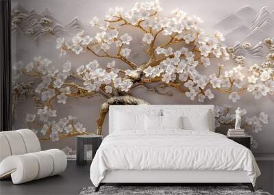 Detailed 3D wallpaper of a tree with white flowers and gold branches on a light background, relief sculpture style. Wall mural