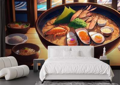 dish of asian sea food and ramen in anime style Wall mural