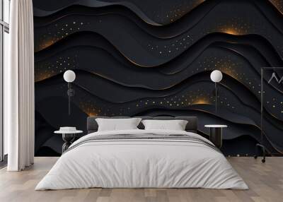 Elegant black paper cut background with golden halftone pattern and wavy layers. Ideal for 3D topography cover layouts. , full ultra HD, high resolution --ar 169 --no noise - Image #2 @whynotusama Wall mural