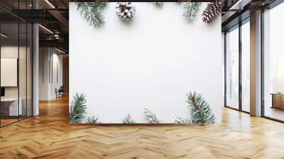 Festive christmas composition with fir tree branches and decorations on pastel gray background - winter holiday, new year concept, flat lay, top view, copy space Wall mural