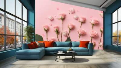 Flowers composition. Rose and gypsophila flowers on pastel pink background. Wall mural