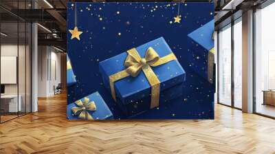 Generative ai illustration of blue gifts with golden bows and ribbons on blue background with stars - ideal for festive themes, holiday cards, and celebration designs Wall mural