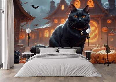 halloween concept, fat black cat set on big orange evil pumpkin with a lot of candy, bats and ghosts flying in background and horror style and haunted house Wall mural