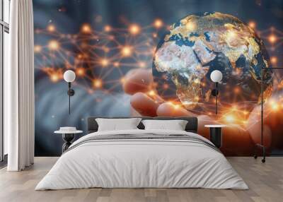 Holographic world map on planet earth in hand, global network icon, glowing lights, tech exchange concept. Wall mural