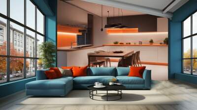 Interior design of minimalist kitchen integrated with dining area with orange lights at night Wall mural