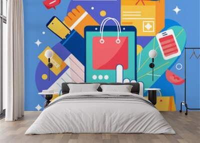 Online Shopping or delivery service banner concept in bright trendy colors with hopping bags and smartphone. Sale banner concept. Vector  Wall mural