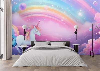 Pastel pink rainbow unicorn galaxy background with glitter and bokeh effects. Vector illustration of fantasy magic mermaid sky with stars and sparkles. Kawaii holographic abstract space design. Wall mural