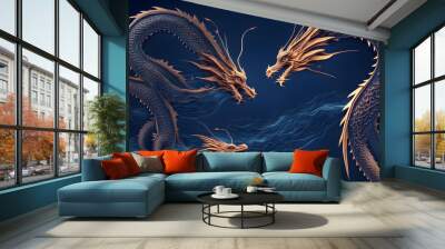 Abstract flying dragons on a dark blue Wall mural