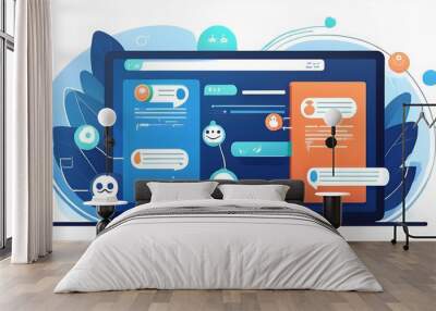 Vector abstract illustration showcasing website design, development, and programming elements, featuring a digital chatbot and robot application engaged in a conversation Wall mural