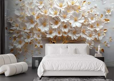 Tree with white flowers, gold leaves on a light background, detailed 3D wallpaper in relief sculpture style. Wall mural