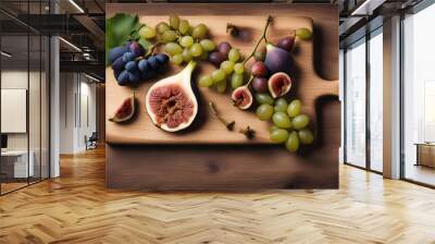 Wooden kitchen board with fig fruits and grapes on it. Wall mural