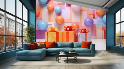 A colorful gift box with a bow sits among other items. Wall mural