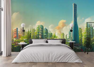 A futuristic environmental metropolis illustration featuring high rise skyscrapers connected. Generative Ai Wall mural