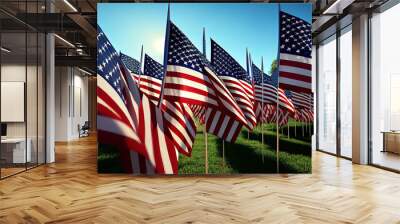 American Flag against the backdrop of a blue sky and clouds. Generative Ai Wall mural