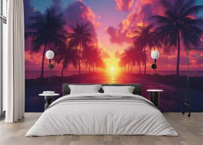 Atrractive Vertical shot of palm trees on the beach on a cloudy sunny day Wall mural