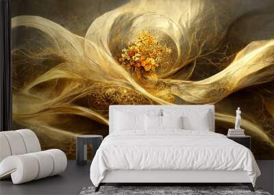 Awesome Abstract motion art with surreal golden flowers, inticate flow waves in gold colors. Generative Ai Wall mural