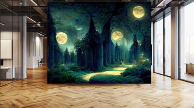 Awesome Bright moon over magical dark fairy tale forest at night. Generative Ai Wall mural