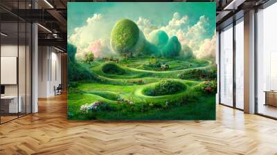 Childhood fantasy world dream green landscape a clear day environmental concept. Generative Ai Wall mural