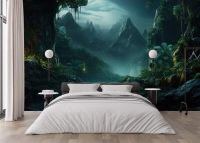 Exotic foggy forest jungle panorama forest oasis foggy dark forest natural forest. Generative Ai Wall mural