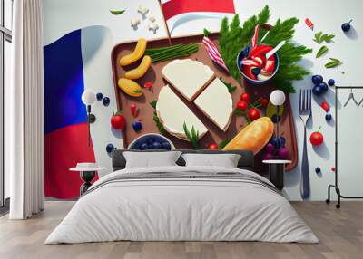 Festive picnic for the national holiday of France 14th of July with French flag. Generative Ai Wall mural