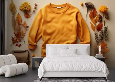 Flat lay autumn elements arrangement on sweater. Generative Ai Wall mural