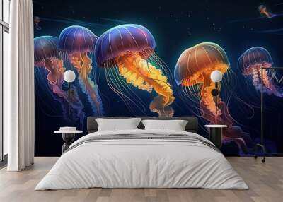 Fluorescent jellyfish. Generative Ai Wall mural